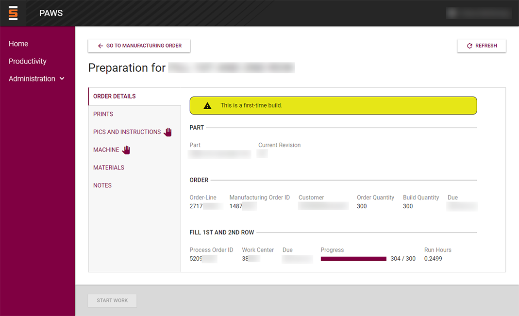 Preparation for Work screen showing several tabs and order details