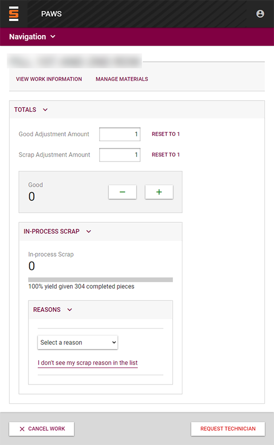 Work in Progress screen, including buttons for adjusting good and scrap amounts